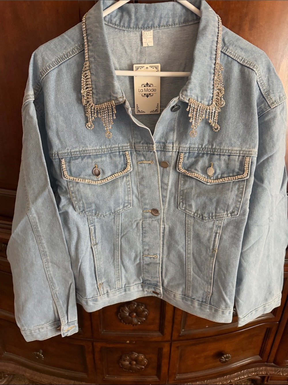 La Mode Light Blue Embellished Denim Jacket